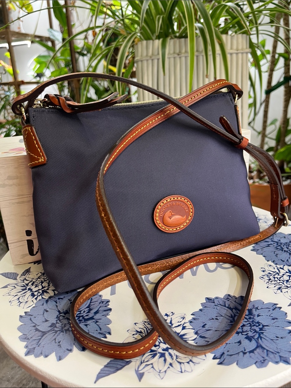 Dooney & Bourke Navy Crossbody with Brown Leather Trim
